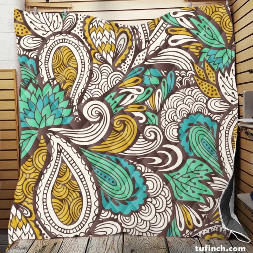 Zentangle Leaf Paisley Design Quilt Blanket