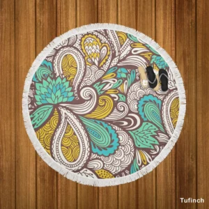 Zentangle Leaf Paisley Design Round Beach Towel