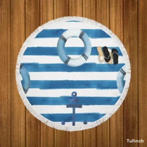 lifebuoy With Anchor Or Blue White Round Beach Towel