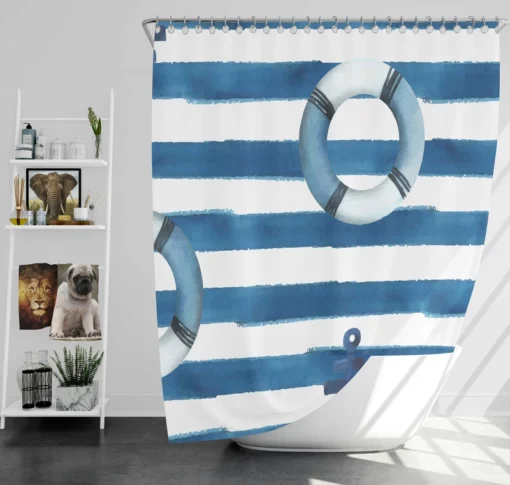 lifebuoy With Anchor Or Blue White Shower Curtain