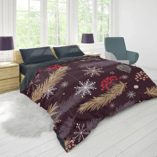 red Viburnum Snowflakes Pattern Duvet Cover 1