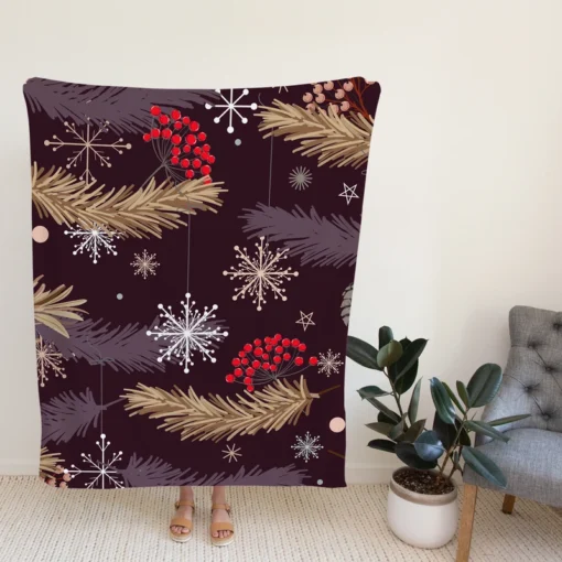 red Viburnum Snowflakes Pattern Fleece Blanket