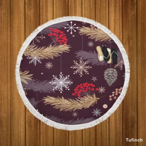 red Viburnum Snowflakes Pattern Round Beach Towel