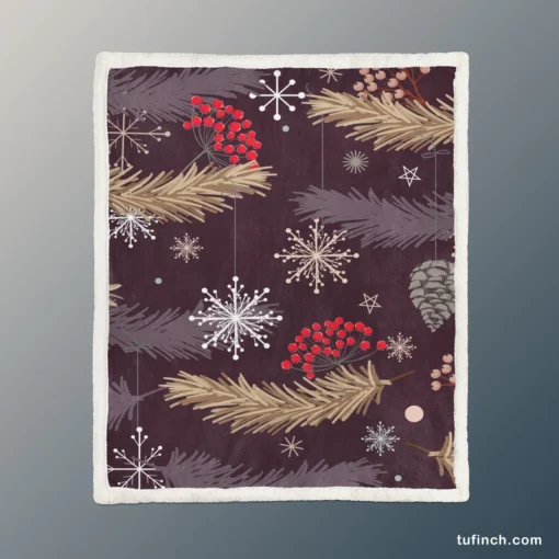 red Viburnum Snowflakes Pattern Sherpa Fleece Blanket 1