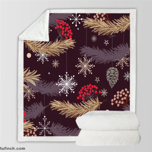 red Viburnum Snowflakes Pattern Sherpa Fleece Blanket